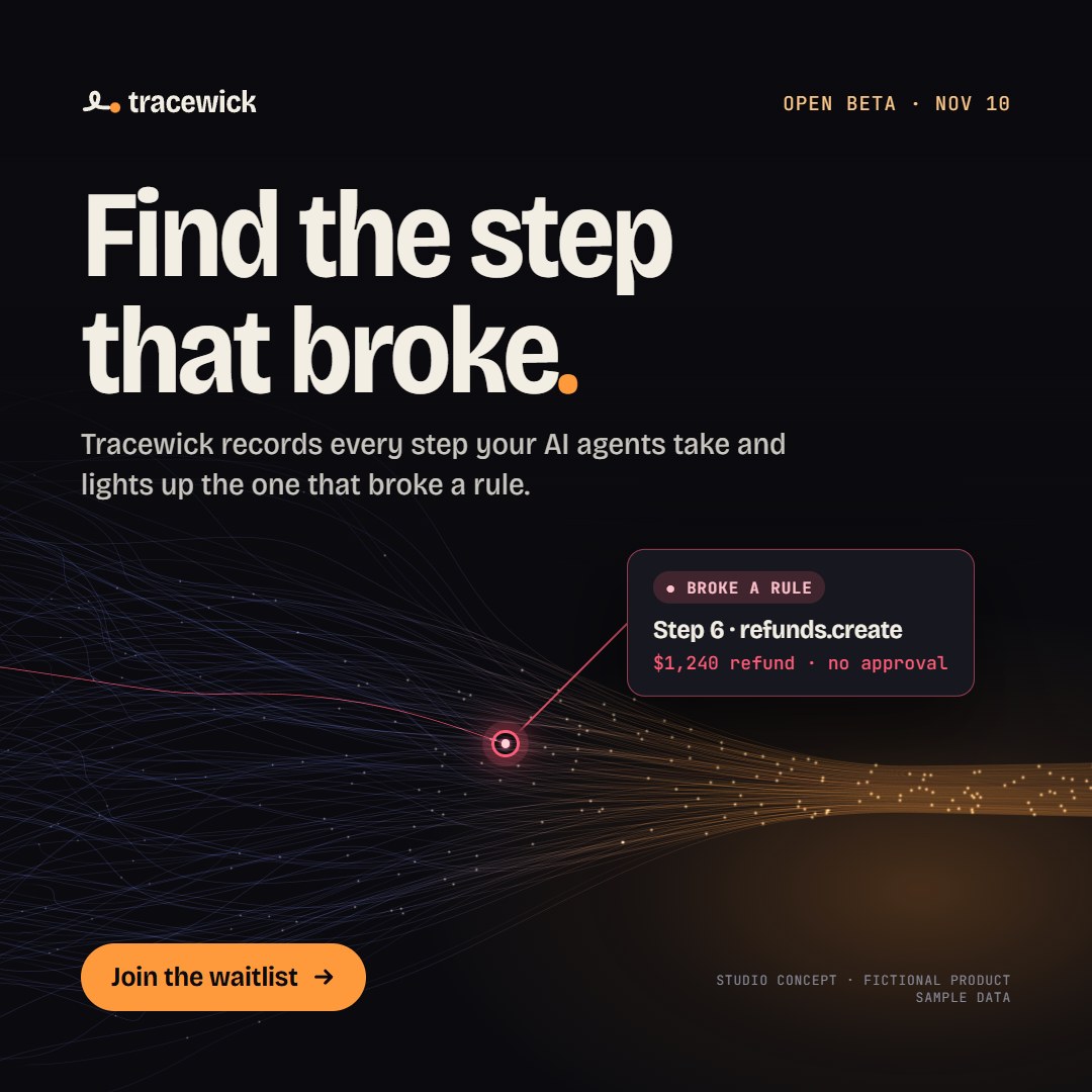 Square feed ad: Find the step that broke, a one-line explanation, the pinned red run, and a Join the waitlist button.