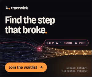 Medium rectangle ad, 300 by 250: Find the step that broke, a red pin labeled Step 6, broke a rule, and a Join the waitlist button.