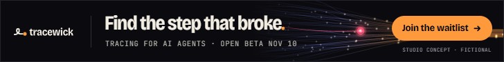 Leaderboard ad, 728 by 90: logo, Find the step that broke, a small red pin on the threads, and a Join the waitlist button.