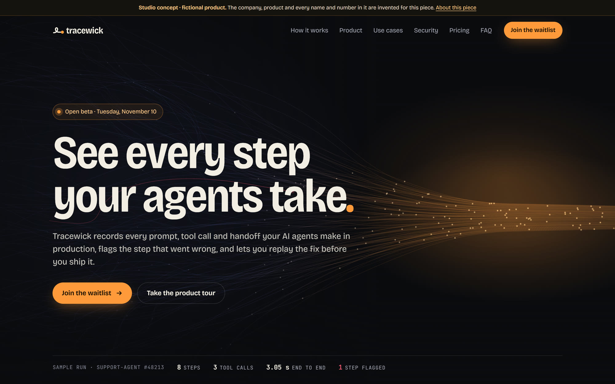 Tracewick landing page hero on a laptop: the headline See every step your agents take, over tangled threads of light that comb into one glowing amber bundle, with one red thread marking a failed run.