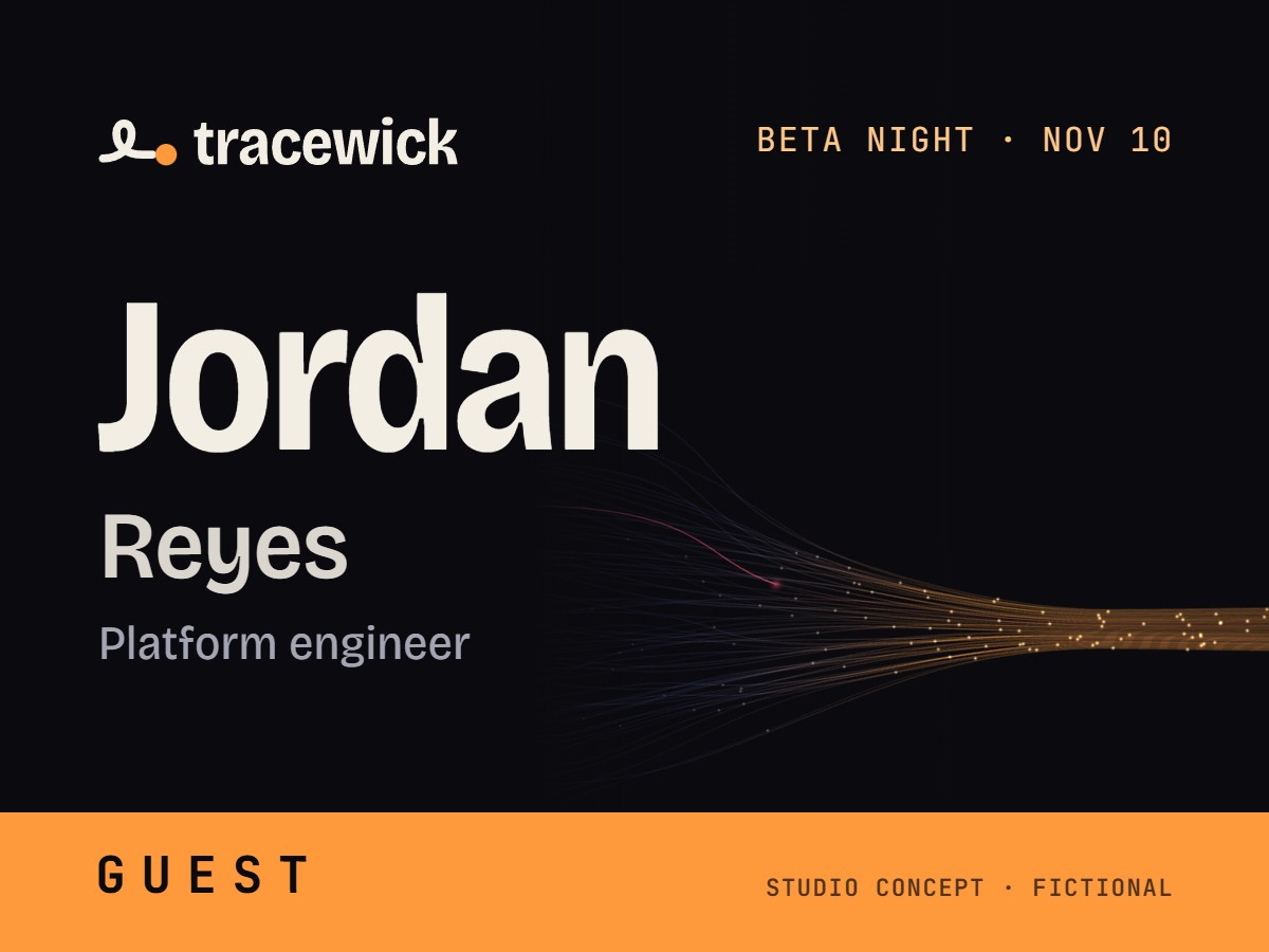 Name badge, 4 by 3 inches: Tracewick logo, Beta night, Nov 10, the first name Jordan in large type, surname Reyes, Platform engineer, and an ember Guest band.