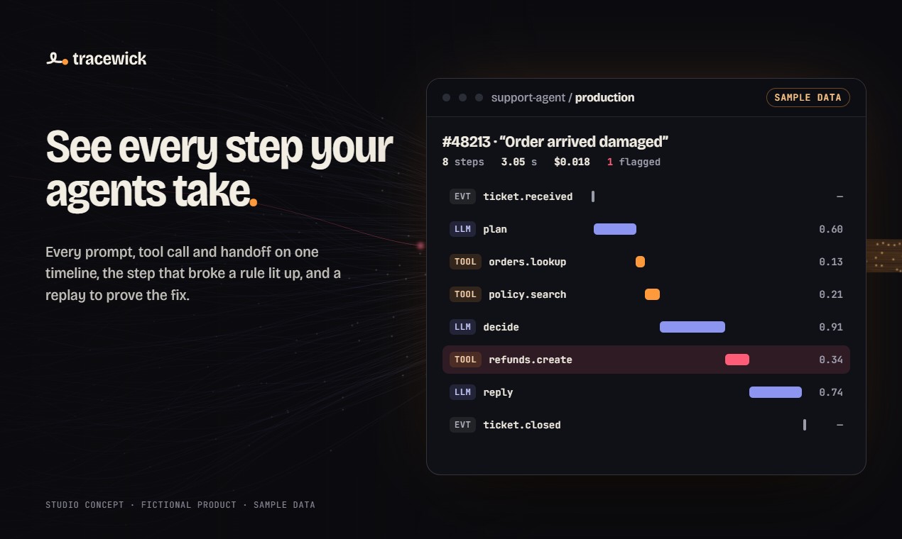 Gallery 1: See every step your agents take, next to a run timeline with sample data.