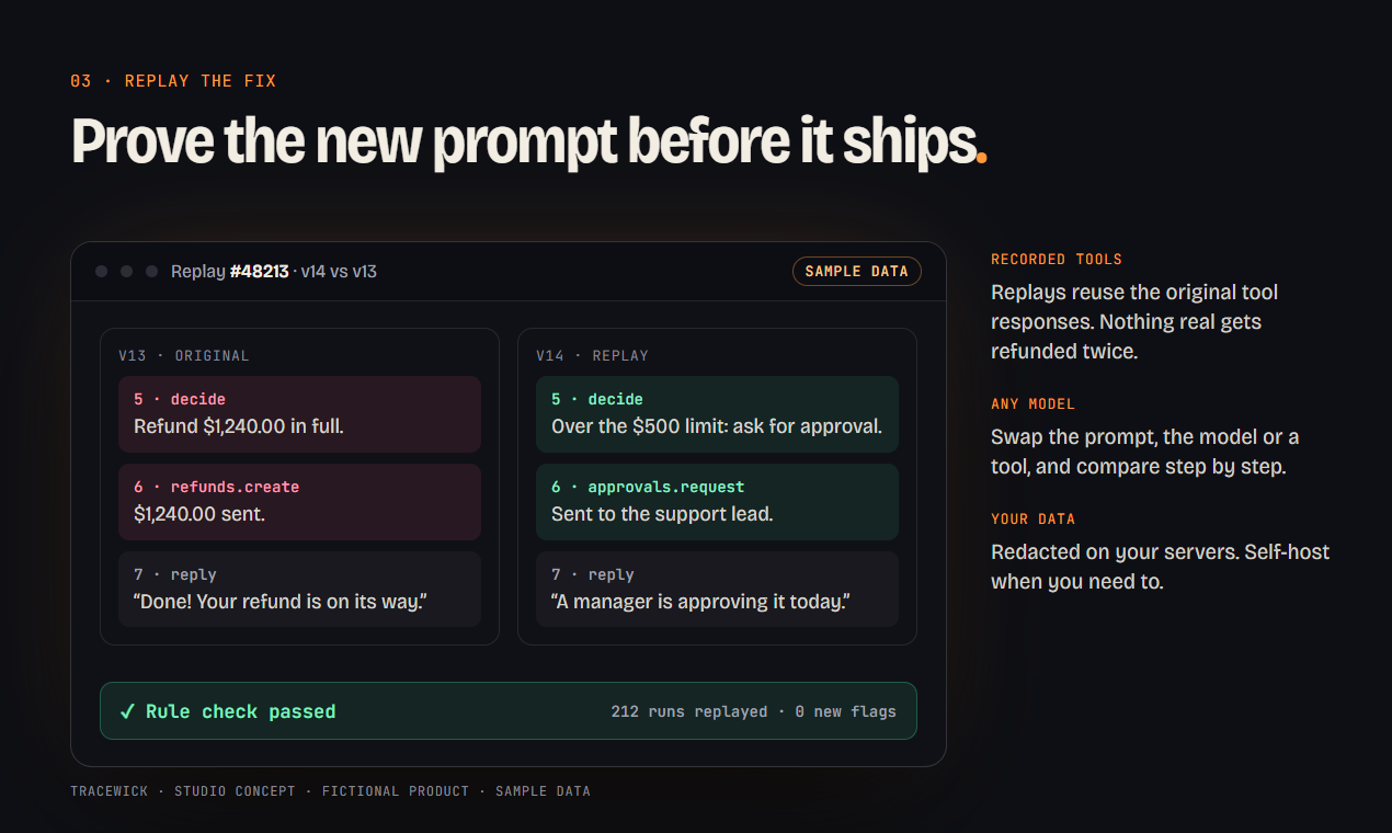 Gallery 3: Prove the new prompt before it ships, a replay passing the rule check, with three short notes.