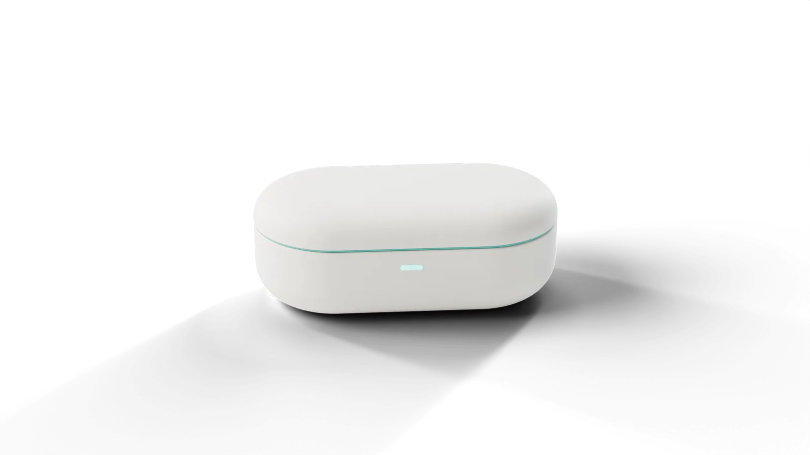 The closed case, warm white, a teal status light on the front