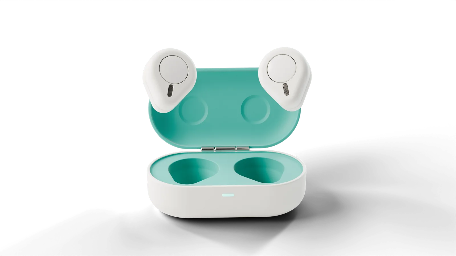 The case open, teal inside, both teardrop earbuds lifted above their seats