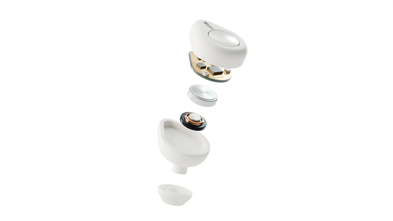 One earbud taken apart into six layers: touch shell, logic board, battery cell, driver, inner housing and ear tip