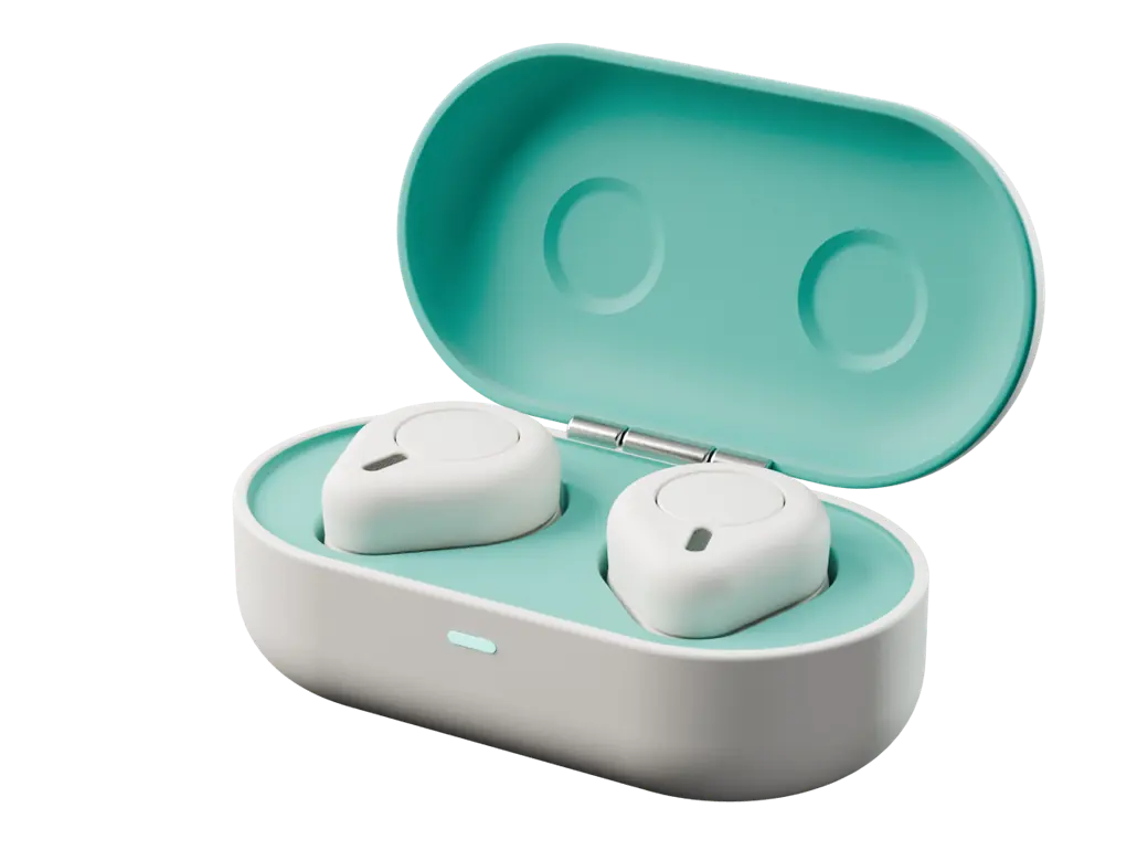 Merrow Still in Chalk: warm white case and earbuds, open, teal inside
