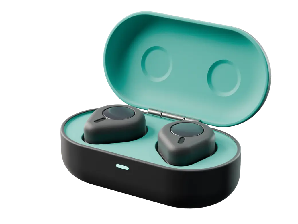 Merrow Still in Graphite: dark grey case and earbuds, open, teal inside