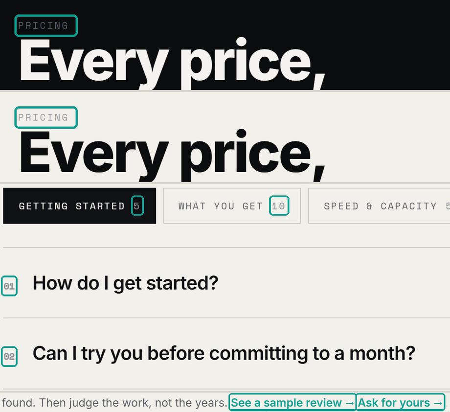 Four close-ups from the homepage at 1440 pixels: the faint 'Pricing' label on the dark panel and on the light panel, faint counts on the FAQ tabs and numbers beside the questions, and the teal links 'See a sample review' and 'Ask for yours'.