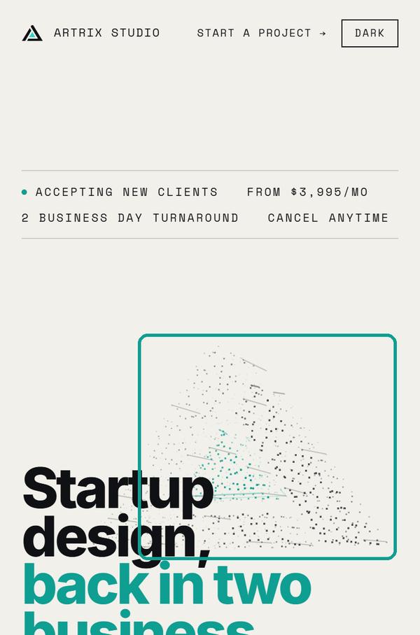 The artrixstudio.com hero on a 390-pixel-wide phone: the Artrix mark drawn in particles behind the headline 'Startup design, back in two business days.'